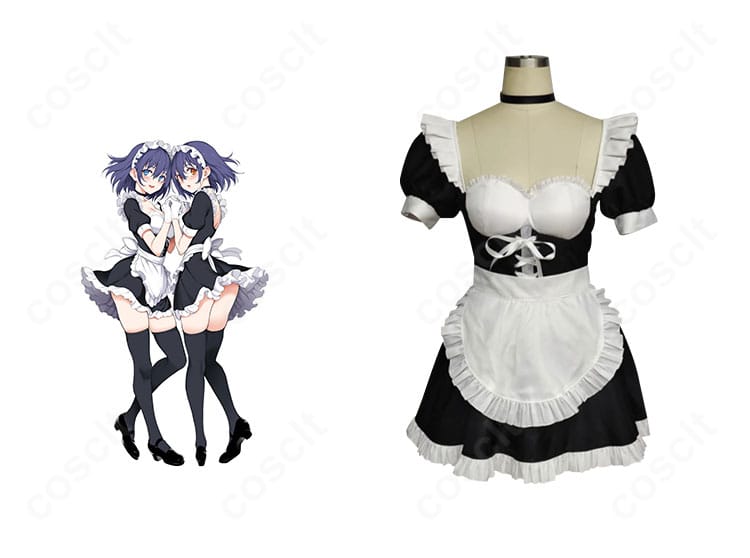 星月楓/星月鈴 メイド服コスプレ 正面全身。黒×白のクラシカル配色とフリルエプロン、チョーカーまで再現しイベント向けの完成度。