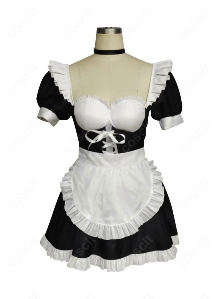 星月楓/星月鈴 メイド服コスプレ 正面アップ。胸元の切り替えとフリルの質感、落ち着いた色味が写真映えするディテール。