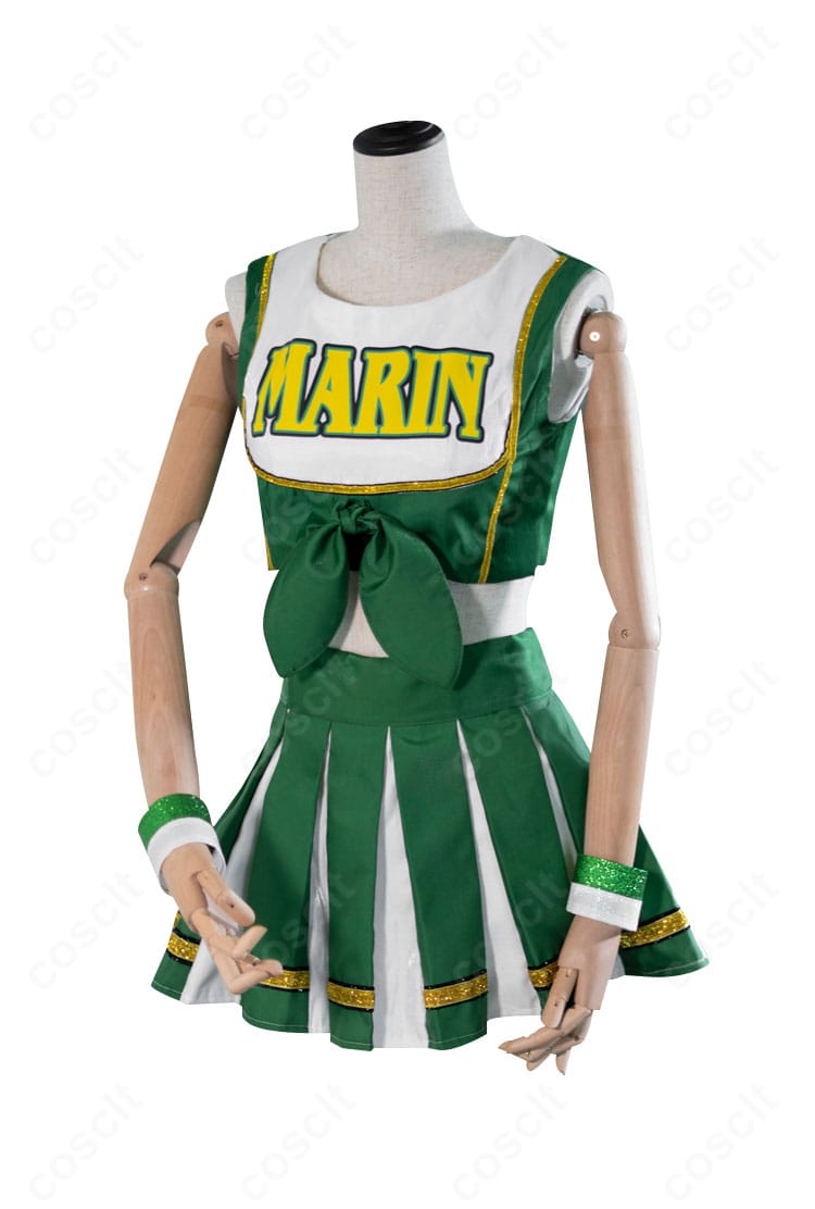 喜多川海夢 チアガールコスプレ衣装 正面全体。トップスの配色とロゴ風デザイン、スカートのシルエットが分かる写真