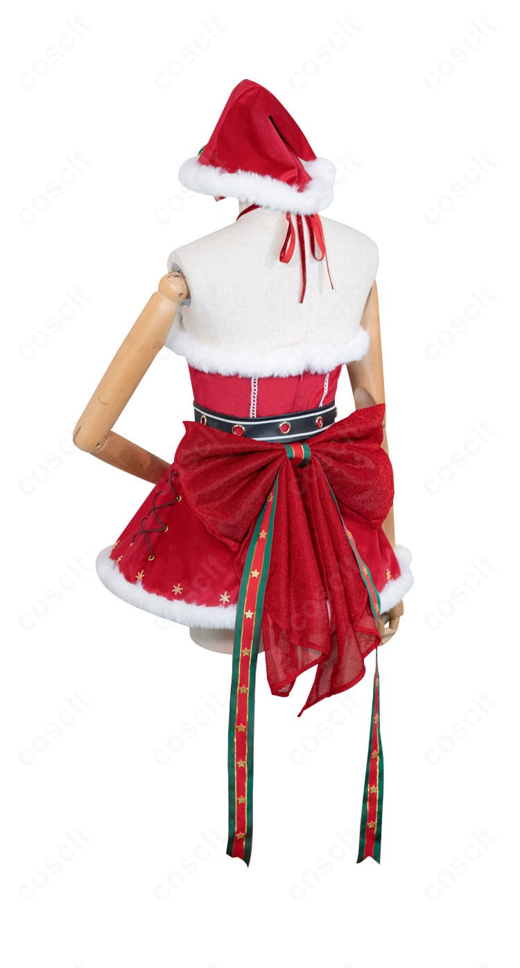 エマ クリスマス衣装の背面図。大きな背部蝶結びとバックスタイルのラインを確認できる画像