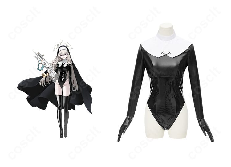 商品正面とキャラクター比較：ブルーアーカイブ 歌住サクラコ 覚悟コスプレ衣装の全体像と色味・シルエットの再現度が分かる合成画像