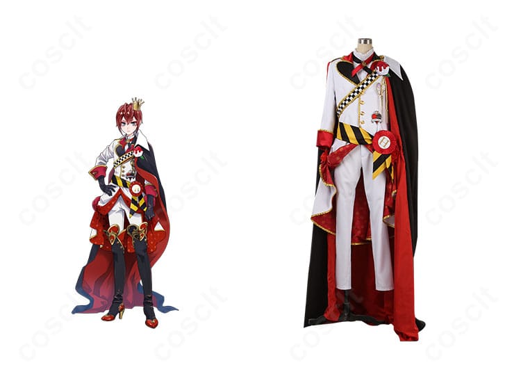 エース・トラッポラ 寮服コスプレの正面全身と公式ビジュアル風の組み合わせ。ハーツラビュル寮の装飾と配色を高再現。