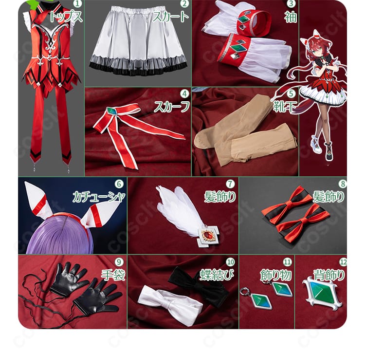 セット内容の平置き写真。トップス・スカート・袖・スカーフ・靴下・カチューシャ・髪飾り・手袋・蝶結び・背飾り・飾り物