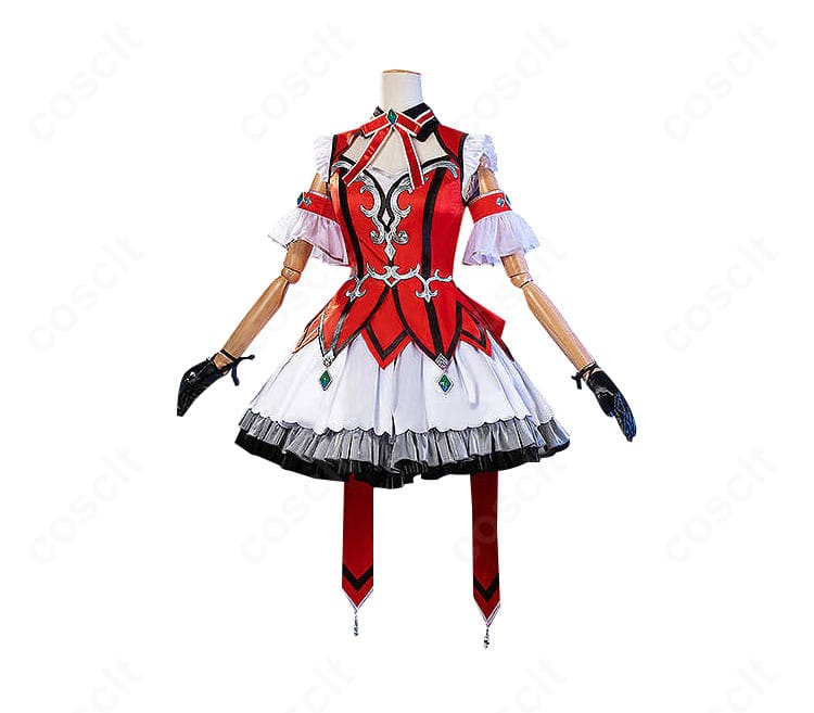 左側面から見たウインバリアシオン勝負服コスプレ。スカートの広がりと装飾位置を確認可能