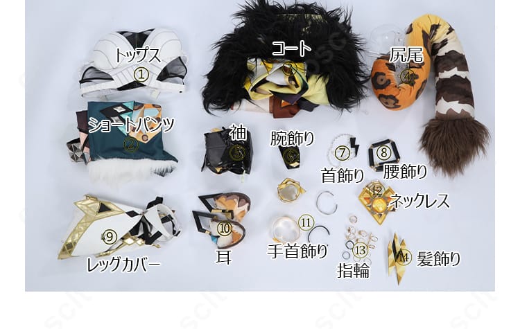 シロネン コスプレ衣装 セット内容一覧。耳・尻尾・外套を含むフルセットを一枚で確認。