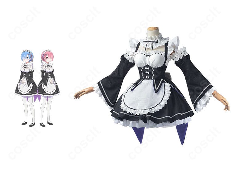 Re:ゼロ レム・ラムのロズワール邸メイド服コスプレ一式とキャラクタービジュアルを並置した正面画像