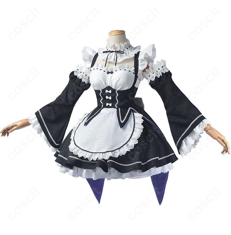Re:ゼロ レム・ラム メイド服コスプレの正面全身。白黒コントラストとフリル配置が分かるカット