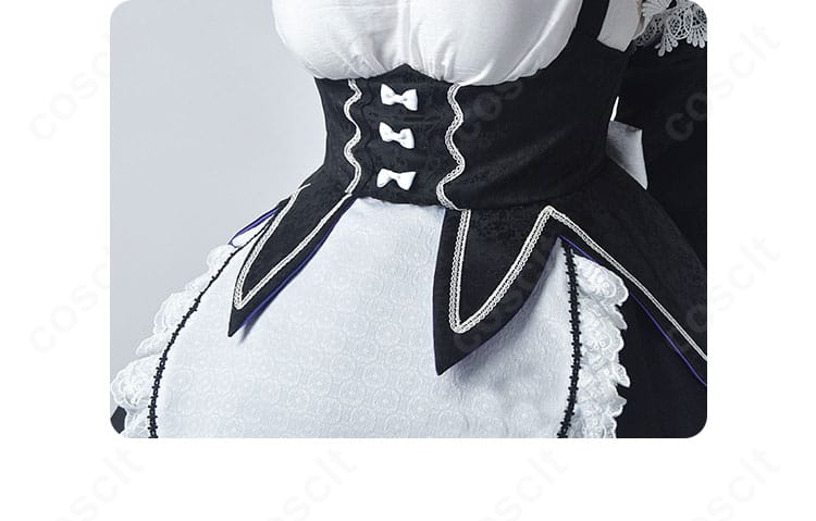 ウエストの腰飾りと切り替えの形状を示す拡大画像。バックリボン位置も分かる構図