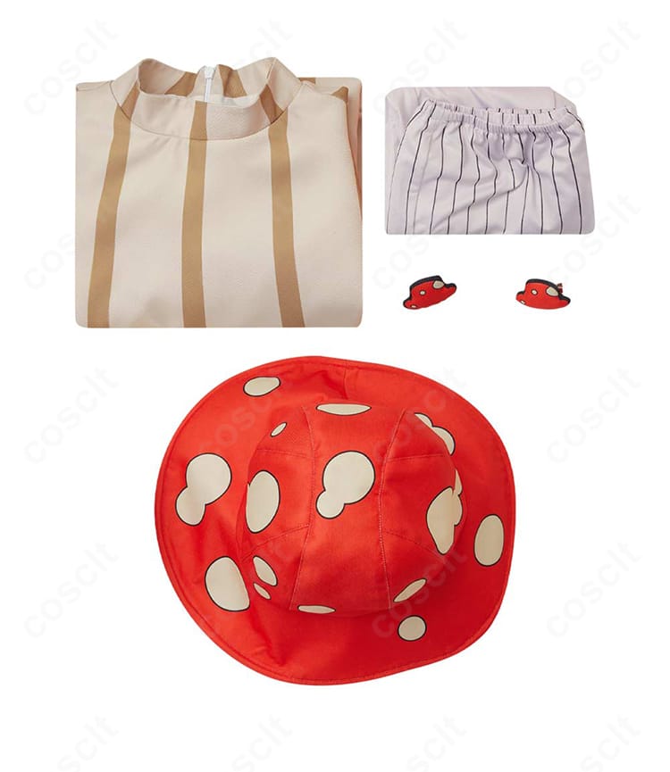 マルシル・ドナトー コスプレ衣装のセット内容。帽子・ワンピース・髪飾り・靴下を並べて紹介する画像。