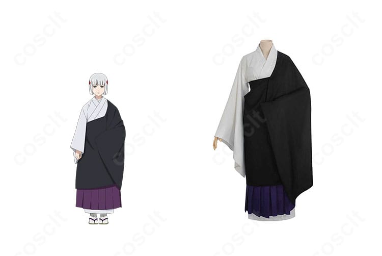 裏梅の通常衣装コスプレを正面全身で表示。キャラクターイメージと並置し、白装束と袈裟のレイヤー感を強調。