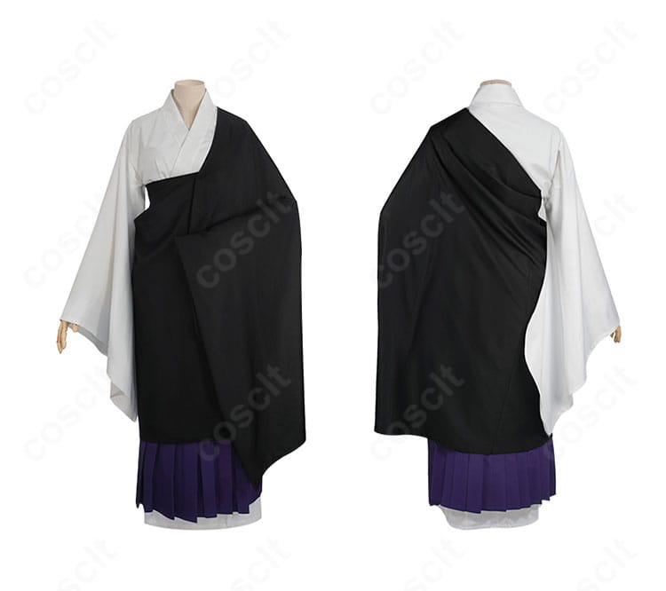 裏梅コスプレの前後ディテール。前面の襟元の重なりと背面の落ち感、袈裟のラインを確認できる構図。