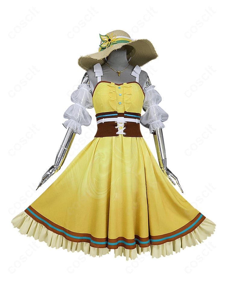 白石杏「優しい記憶」コスプレ衣装の正面アップ。胸元のリボンとコルセットの質感、花モチーフの装飾が際立つ写真。