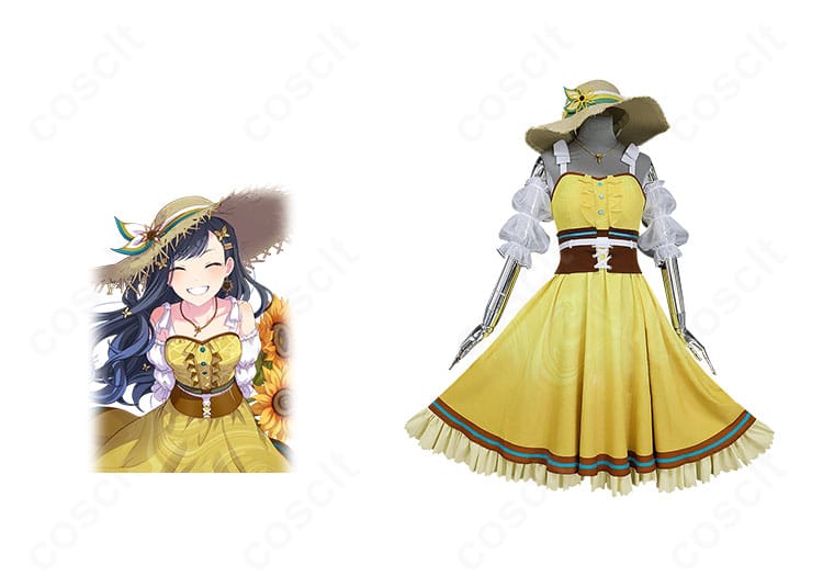 プロジェクトセカイ 白石杏「優しい記憶」衣装を着用した正面全身。細部まで忠実に再現された刺繍と配色が分かる一枚。