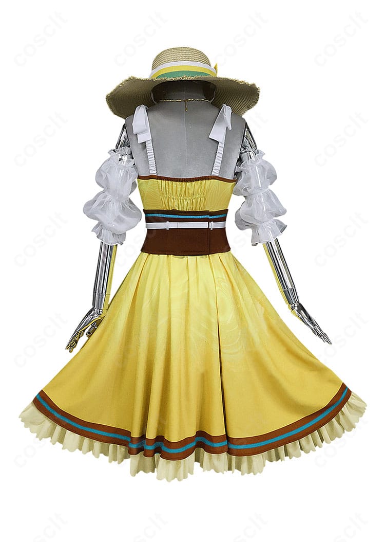 白石杏コスプレ衣装の背面全体。背中の開閉部とスカートの広がり、リボン配置まで確認できるディテールショット。