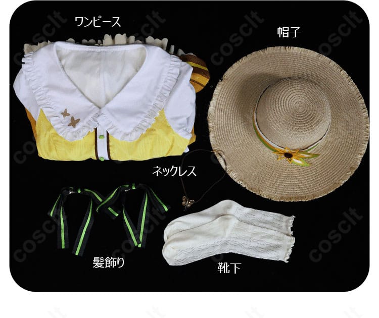 セット内容一覧。ワンピース、帽子、髪飾り、ネックレス、靴下が並ぶ構成写真。