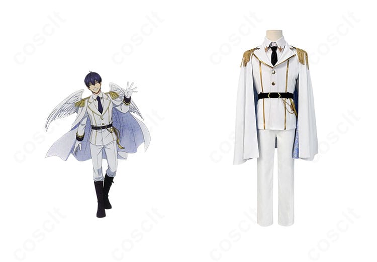 商品正面と潔 世一イラストの比較画像。ブルーロック 天使ver.コスプレ衣装の全体再現度を示す構図。