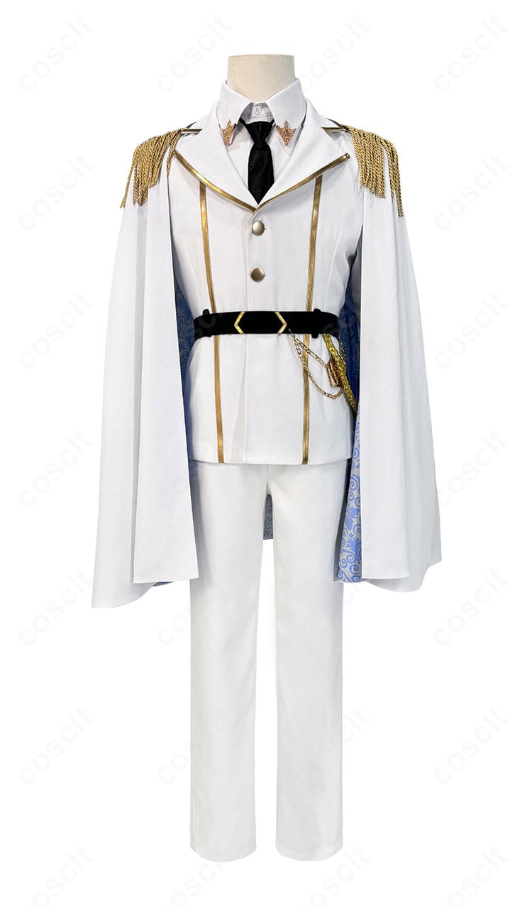 正面全身画像。マント・コート・シャツ・ズボン・ネクタイのシルエットと配色が分かるブルーロック 潔 世一 天使ver.衣装。