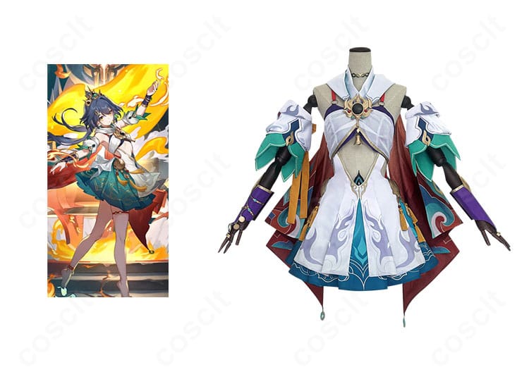 崩壊:スターレイル 雲璃のコスプレ衣装とキャラクタービジュアルの比較画像。正面全体と配色・装飾の再現度が分かります。