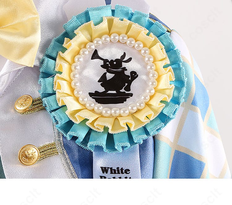 ラビット・ウェア衣装の胸元装飾。胸章とチェーン、徽章のカラーコントラストが分かる画像