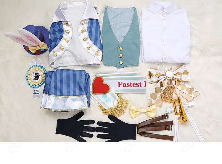 ラビット・ウェア衣装のセット内容一覧。コート・ベスト・シャツ・ズボン・帽子・手袋・たすき・腰飾り・腕ベルトを並べた画像