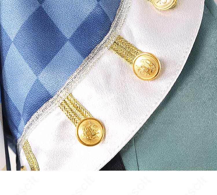 ラビット・ウェア衣装の襟ボタン装飾。ボタン意匠とステッチが見える近接画像