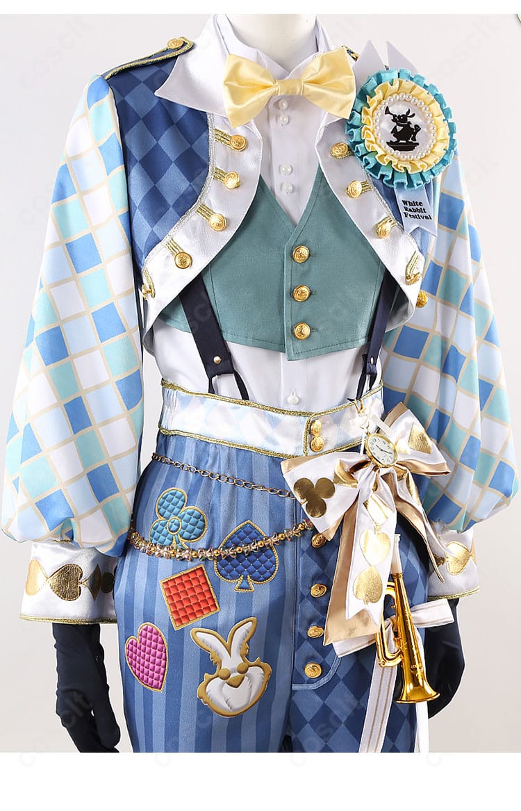 ラビット・ウェア衣装の装飾ディテール。胸章・金属風パーツ・リボンの質感を写した近接画像