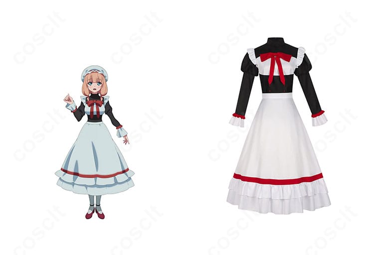 魔王軍最強の魔術師は人間だった サティのコスプレ衣装を着用した正面全体とキャラクターイメージの融合カット