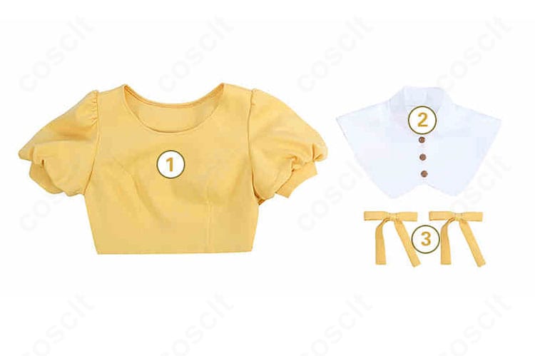 大道寺知世のコスプレ衣装セット内容。ワンピース・つけ襟・髪飾りの3点を並べた確認画像。