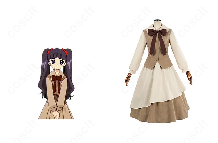 大道寺知世の秋冬私服コスプレ衣装とキャラクタービジュアルを並置した正面画像。上品な配色とスカーフの再現が分かる構図。