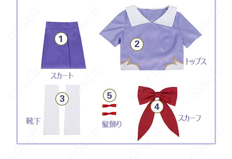 セット内容一覧(トップス・スカート・靴下・スカーフ・髪飾りの5点を並べた画像)