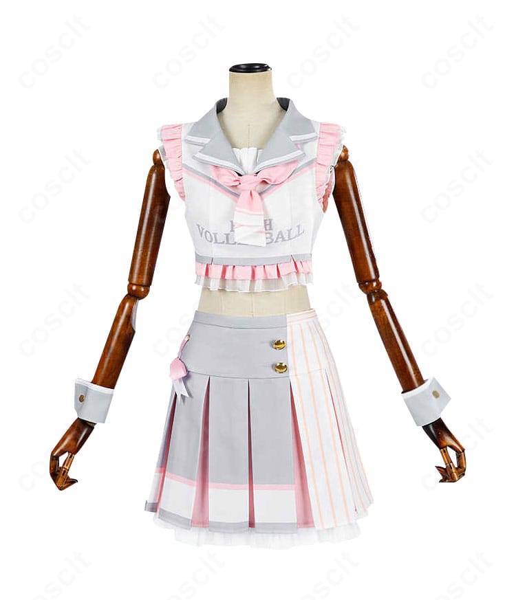 南ことり チアガールコスプレ衣装の正面ディテール（トップスとスカートの配色）