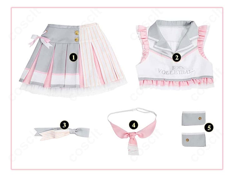 南ことり チアガール衣装のセット内容一式（トップス、スカート、髪飾り、スカーフ、手首飾り）