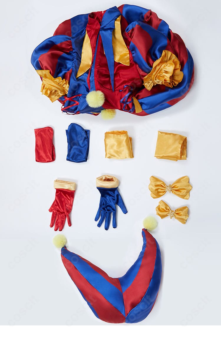 ポムニ コスプレ衣装のセット内容一式。レオタード・帽子・手袋・靴下・レッグカバー・リボン・蝶結びを一覧で表示