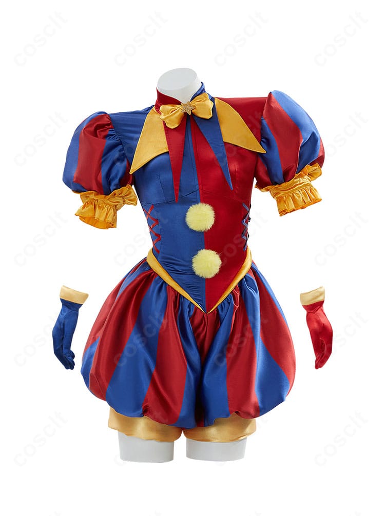 ポムニのコスプレ衣装 正面全身。サーカス風レオタードと小物を高再現で表現したフロントビュー