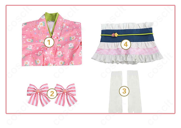 甘露寺蜜璃 街着姿コスプレ衣装のセット一式。衣装・髪飾り・靴下を並べて内容を確認できる画像。