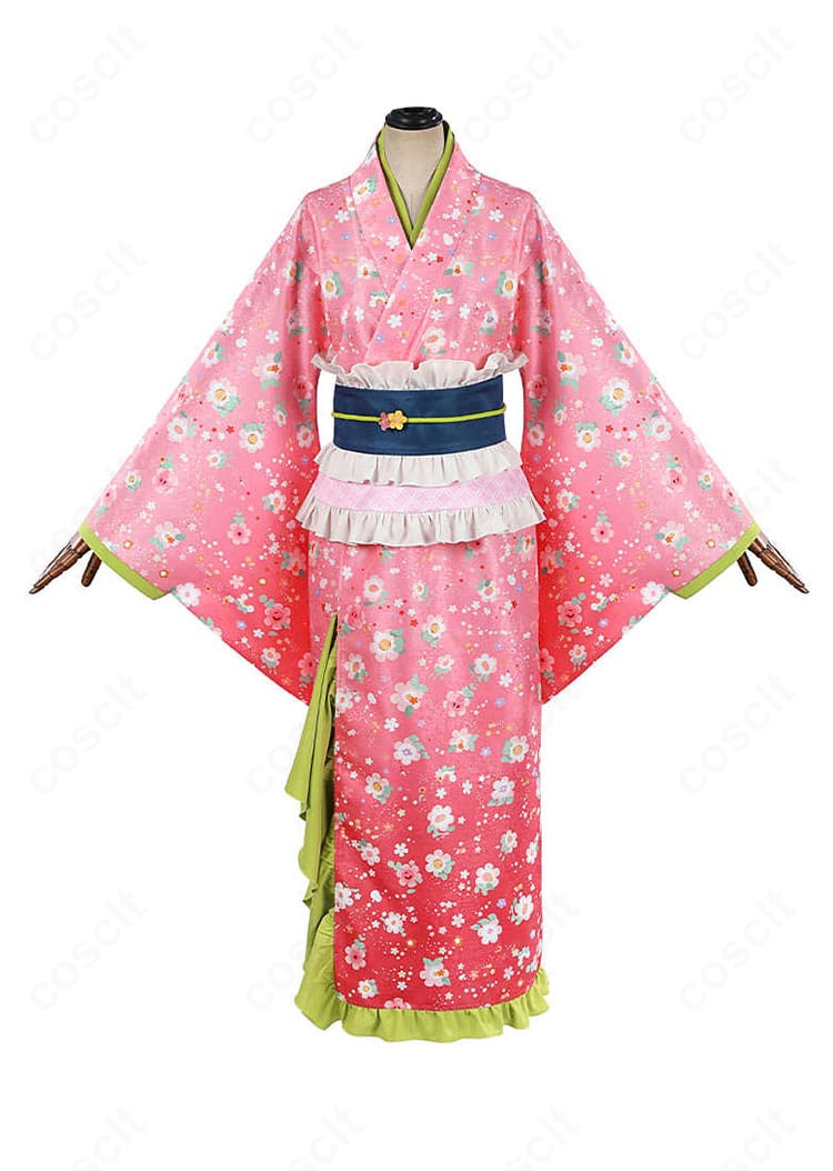 甘露寺蜜璃 街着姿コスプレ衣装の正面全体像。シルエットの美しさと発色が分かるレイアウト。