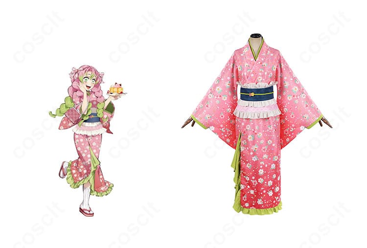 甘露寺蜜璃の街着姿コラボ衣装とキャラクター画像の組み合わせ。全体の配色とディテールを高再現した正面ビュー。