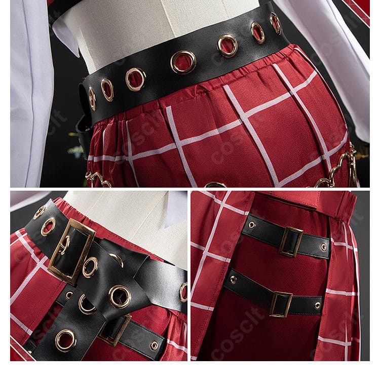 ベルト装飾のディテール。バックルとストラップの質感を強調。