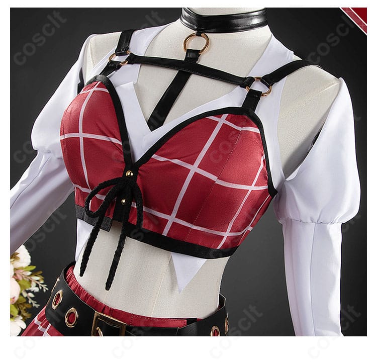 首元装飾のクローズアップ。チョーカーと襟の形状で上品な印象を演出。