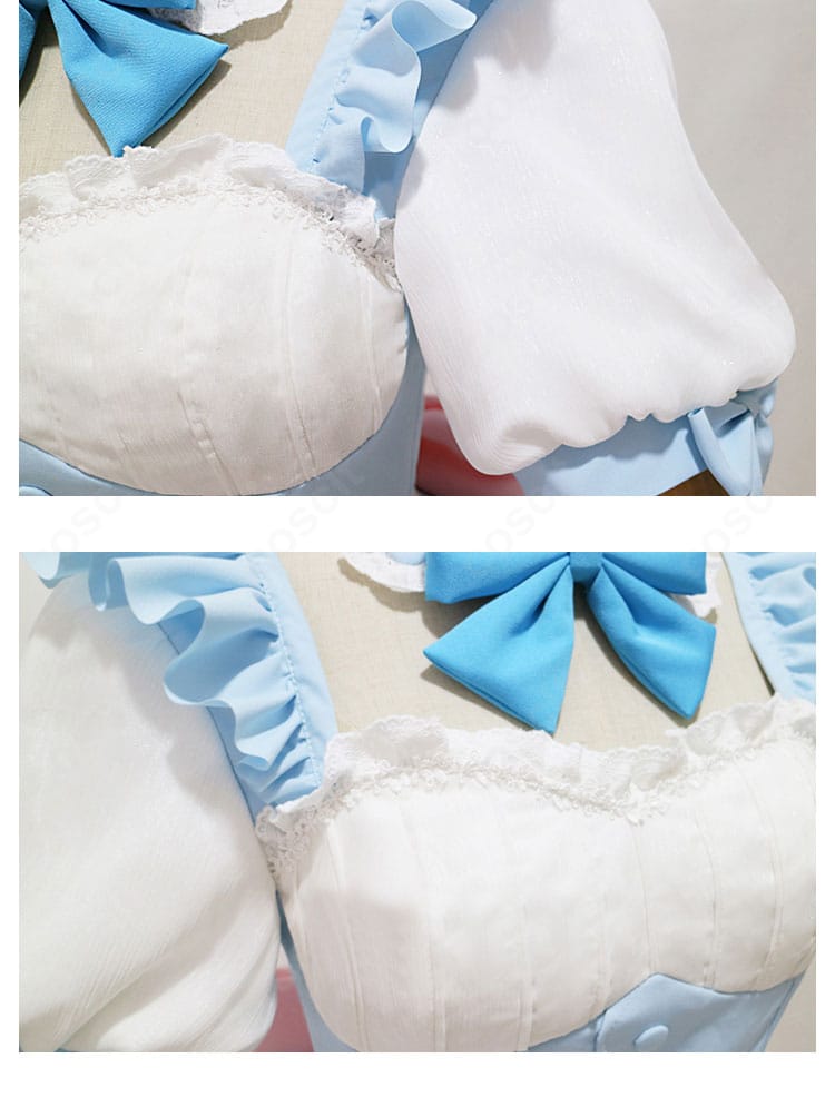 ワンピース正面の細部。胸元フリルと前立て、エプロンの縁取りでレムらしさを再現したディテール画像。