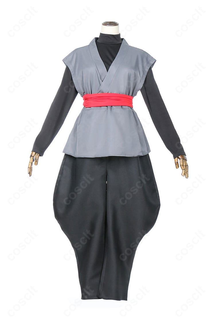 ゴクウブラック衣装の正面ディテール。襟元からベストのライン、帯の結び目まで精緻に仕上げた質感。