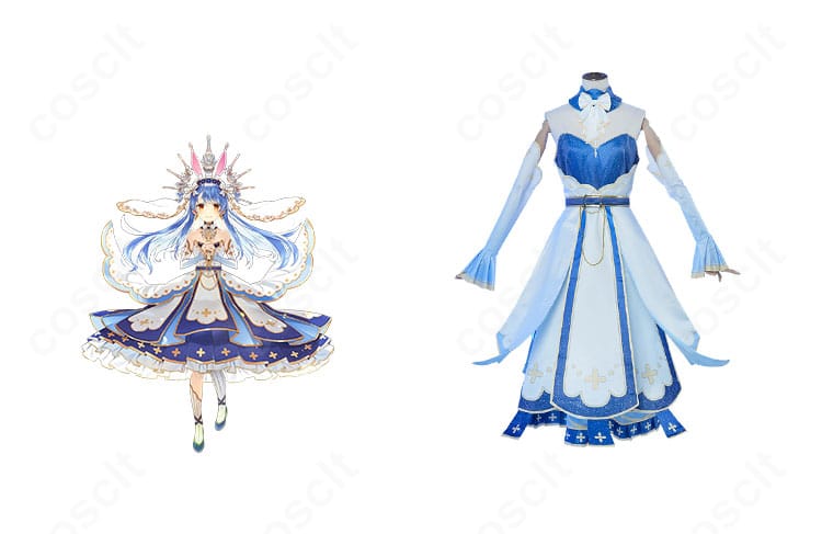 兎田ぺこら うさメガぺこら衣装の正面全体とキャラクターイメージのコラボ表示。配色とシルエットを高再現したCOSCLTのコスプレ一式。