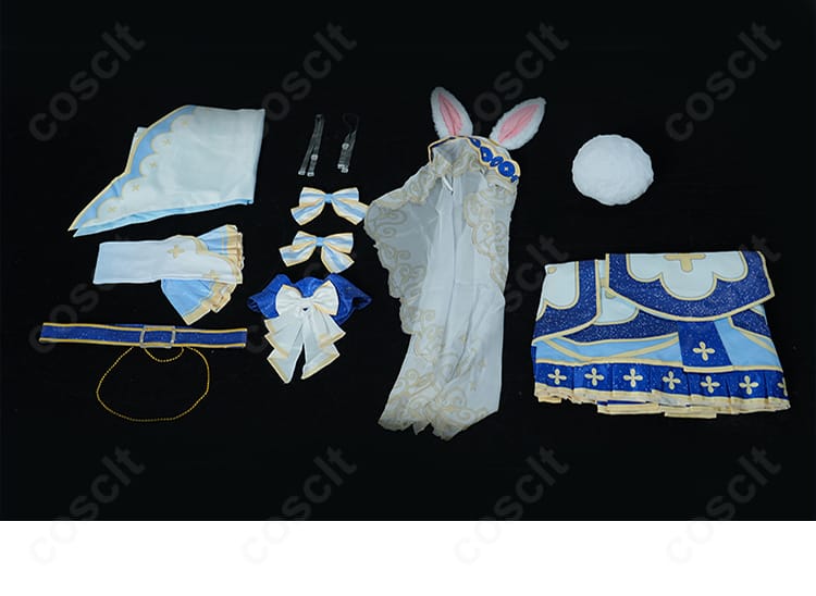 うさメガぺこら衣装のセット内容一式。ワンピース、髪飾り、アームカバー、ベルト、スカーフ、尻尾を並べた内容確認画像。