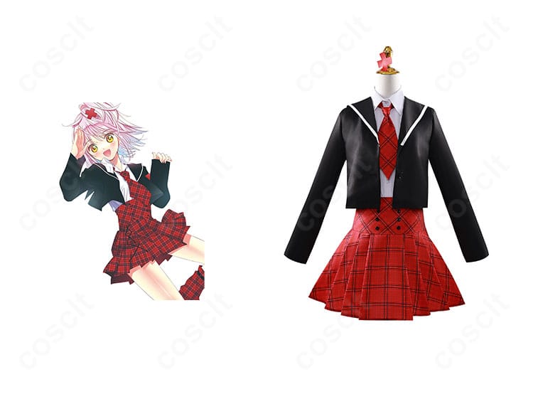 しゅごキャラ！日奈森あむ ジョーカー制服コスプレの正面全身。ブレザーとケープ、赤系ネクタイでキャラ再現した参考シーン付き。