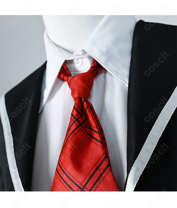 日奈森あむ ジョーカー制服の襟まわりとネクタイ装飾の詳細。結びやすいネクタイとシャツの首元仕立てを接写。