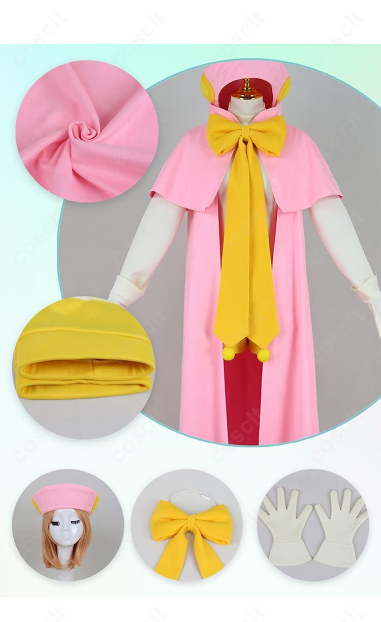 木之本桜 さくらカード編コスプレ衣装のセット内容一式。帽子、レオタード、マント、手袋、蝶結びが並んだ同梱アイテム画像。