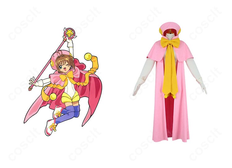 カードキャプターさくら 木之本桜 さくらカード編の衣装とキャラクターを並置した正面イメージ。帽子・マント・レオタードのデザイン再現が分かる構図。
