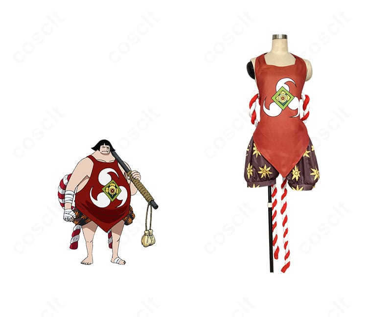 ONE PIECE 戦桃丸のコスプレ衣装・正面。腹掛とショートパンツ、紐飾りで和風シルエットを忠実再現した全体像