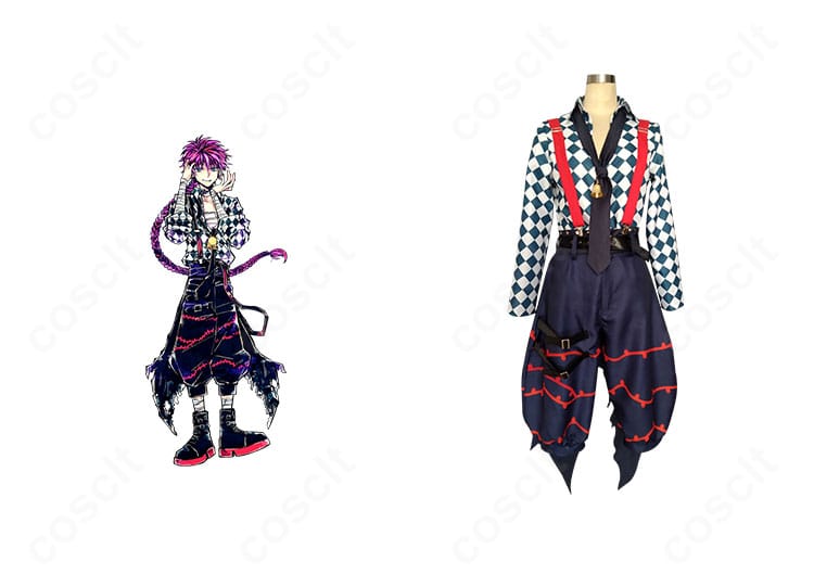 ラト・バッカの執事制服コスプレ一式の正面カット。高再現の配色と鈴・ネクタイのアクセントが分かる商品画像。