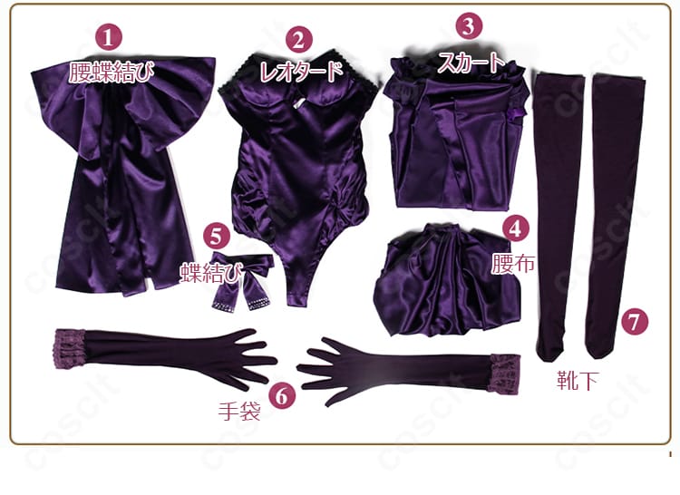 セット内容一式のレイアウト写真。レオタード、スカート、腰布、蝶結び、手袋、靴下、頭飾りが揃ったことを示す。